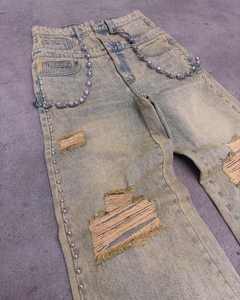 Jeans Rectos Vintage de Algodón para Hombre, de Alta Calidad, Estilo Diseñador, Color Sólido, Desgastados, Rotos, de Pierna Recta, Dobles - Product Image 3