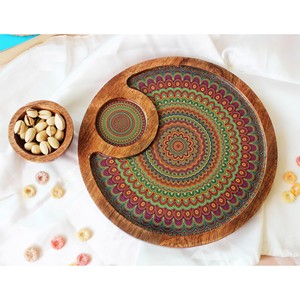 Bandeja Mandala Cuadrada Contemporánea Hecha a Mano para Servir, con Incrustaciones de Turquesa - 35x35x6 cm, Venta al Por Mayor - Product Image 1