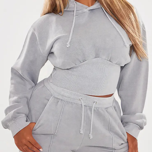 Women's Gray Hooded Crop Top & Matching <b>Sweatpants</b> <b>Set</b> Full Sleeve Loose Fit Casual Two Piece Tracksuit Solid Color Fleece <b>Set</b> - Product Image 1
