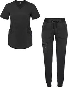 <b>Women</b> <b>Black</b> Scrub Set Short Sleeve V Neck Top With Pockets And Drawstring <b>Pants</b> Hospital Uniforms - Product Image 1