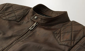 <b>Men</b> <b>Brown</b> Genuine <b>Leather</b> Motorcycle <b>Jacket</b> Stand Collar Zip Up Biker Moto Coat Windproof Casual - Product Image 2