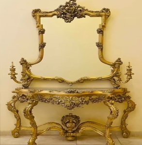 Royal <b>gold</b> hand carved wooden <b>console</b> <b>table</b> featuring an elaborate large arch mirror, available at wholesale prices. - Product Image 3
