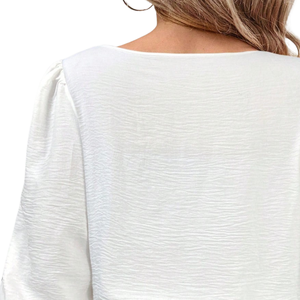 Womens White Three Quarter Sleeve Blouse Crew Neck Smocked Waist Cuffs Elegant Loose Fit Casual Office Wear Solid Polyester - Product Image 4