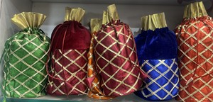 Luxury Velvet & Silk Potli Bags with Golden Lattice Design | <b>Drawstring</b> Gift <b>Pouch</b> for Wedding Return Gifts & Jewelry Packaging - Product Image 3