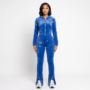 <b>Womens</b> Blue Rhinestone Tracksuit Set <b>Velvet</b> Zip Up Hoodie <b>Jogger</b> Pants Luxury Streetwear Matching Outfit Wholesale - Product Image 2