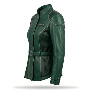 Darkry <b>Women</b> Belted Forest Emerald Green Genuine Leather <b>Jacket</b> Stand Collar Concealed Zip Tactical Moto Biker Outerwear Coat - Product Image 4
