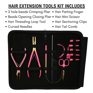 Professional Stainless Steel Hair Extension <b>Tool</b> <b>Kit</b> <b>Pink</b> Crimping Pliers Hair Extension Needles 2 Hole Micro Ring Beads - Product Image 2