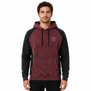 Sweat-shirt à capuche pour homme à manches raglan, couleur unie, poche avant avec logo, décontracté, en molleton de coton French Terry lavé 400GSM - Product Image 1
