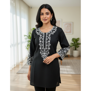 Chikankari Short <b>Kurti</b> Top <b>for</b> <b>Women</b> Traditional Embroidery Regular Fit Casual Ethnic Party Fashion Wear - Product Image 2
