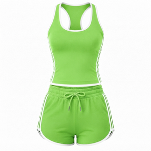 Women's Green Two Piece Sport <b>Set</b> Sleeveless Tank Top With Shorts Quick Dry <b>Knitted</b> Activewear Spring Summer Wear - Product Image 1