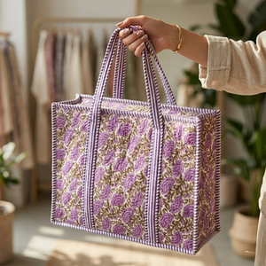 Bolso Acolchado de Algodón con Diseño Floral Morado Estilo Boho, Bolso Tote Blanco de Gran Capacidad con Ribete a Rayas, Obra Maestra de Alta Calidad - Product Image 5