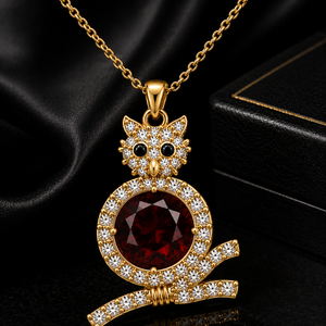 Pendentif hibou en argent sterling 925 plaqué or 18 carats avec diamant CZ grenat, fait main, pierre de naissance de janvier, collier pour femme - Product Image 4