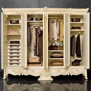 Armoire de luxe en bois d'acajou européen à six portes, couleur ivoire crème, avec miroir et tiroirs de rangement, meuble de chambre à coucher - Product Image 2