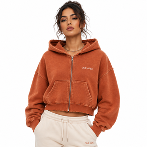 ONE APEX Women's Winter Oversized Cropped Zipper Hoodie Acid Wash Heavyweight Cotton Lined Front Logo Streetwear Fashion <b>Jacket</b> - Product Image 5
