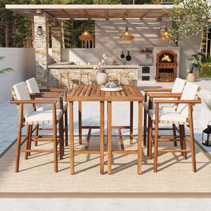 Conjunto de Bar para Exteriores de 6 Piezas, Muebles de Patio de Madera de Acacia, 2 Mesas Altas de Bar y 4 Taburetes con Cojines para Uso en el Patio Trasero - Product Image 1