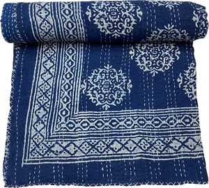 Hand Block Printed Kantha <b>Quilt</b> Blue Cotton Traditional Indian Stitched Eco-Friendly Wedding Hotel Folded Home Decor <b>Throw</b> Cover - Product Image 1