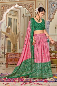 Robe de mariée traditionnelle indienne en soie Tussar rose et jaune, brodée, longueur ras du sol, coupe classique, infroissable, séchage rapide - Product Image 3