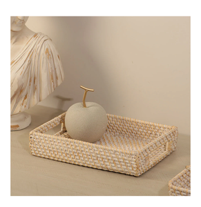 Plateau de service et de rangement moderne en rotin avec poignées pour thé, café, collations, petit-déjeuner – Organisateur en osier pour table à café et à manger - Product Image 3