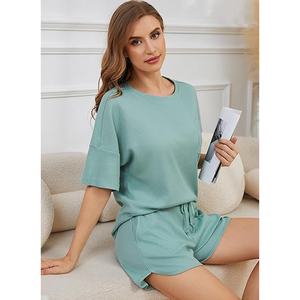 Conjunto de Shorts Casuales de Punto Waffle para Mujer, Camiseta Holgada, Ropa de Verano - Product Image 3