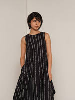 Robe chemise maxi rayée noire avec motif à pois, manches trois quarts, col mandarin, tissu tissé, tenue décontractée pour tous les jours
