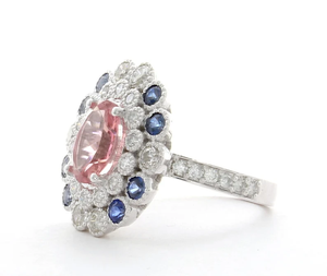 Flower Cluster Ring With <b>Rose</b> Quartz Oval Stone Pave Set Blue Gemstones Rhodium Plated 925 Silver Women's Engagement Jewelry - Product Image 2