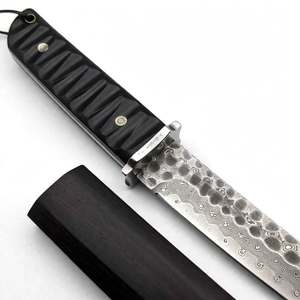 Handcrafted Fixed Blade Hammered Damascus Steel Utility <b>Knife</b> Industrial Grade OEM <b>Carved</b> Ebony Handle Steel Guard Wooden Sheath - Product Image 2