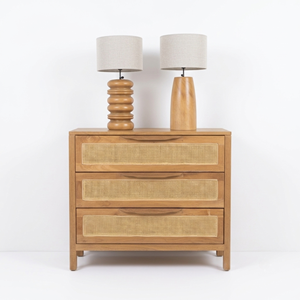 Teak Wood Sideboard Rattan Webbing 3 Drawer Accent Cabinet Low Dresser <b>Storage</b> <b>Chest</b> for Modern Living Room Furniture Wholesale - Product Image 2