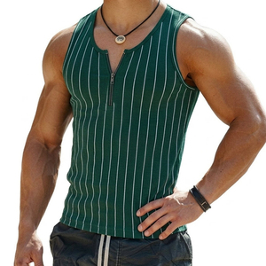 Wholesale Men's Pinstripe Quarter Zip Tank <b>Top</b> Casual Slim Fit Ribbed Muscle Tee Custom Brand Label Sleeveless Workout Tank <b>Tops</b> - Product Image 1