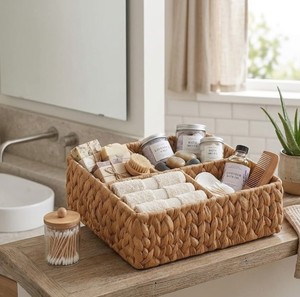 Cesta de Almacenamiento Dividida Tejida a Mano con Jacinto de Agua, Ecológica, con 4 Compartimentos para la Organización del Hogar, Cocina y Baño - Product Image 5