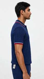 Chemise décontractée pour homme Oneten, bleu marine, tricotée, à manches longues, rayée, avec logo imprimé par transfert thermique sur le devant - Product Image 3