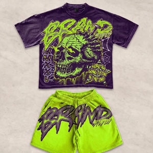 Summer Track Suit Boxy Dtg Crack Screen Print Cropped Acid Wash Vintage Tshirt Shorts Set 2 Piece Short Set Custom Logo - Product Image 4