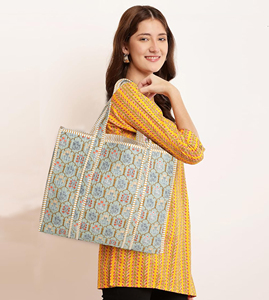 Handmade Lightweight Quilted Cotton <b>Tote</b> <b>Bag</b> Sage Green Mughal Floral Block Print Reversible Open Eco-Friendly <b>Summer</b> Autumn - Product Image 4