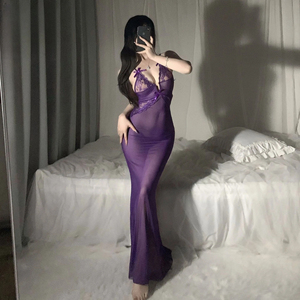 Camisón Largo de Encaje Morado sin Mangas para Mujer, Ropa de Dormir Sexy sin Tirantes, Material de Nailon y Spandex Suave para Verano - Product Image 1