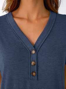 Women's <b>Navy</b> Blue V-Neck Short Sleeve Knitted T-Shirt With Button Detail Loose Fit Casual Solid Color Spring Summer <b>Top</b> - Product Image 5