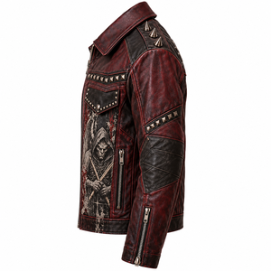 Mens Red Black Distressed Leather Jacket Gothic Reaper Printed <b>Studded</b> Spiked Biker Coat Custom Factory OEM Wholesale Outerwear - Product Image 4