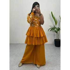 SOIRÉE GEORGETTE BRODERIE SEQUENCE TRAVAIL KURTI AVEC PALAZZO MOUTARDE - Product Image 1