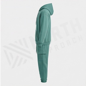 Ensemble de survêtement unisexe vert à capuche, couleur unie, en coton, sweat-shirt décontracté et pantalon de jogging, longueur intégrale, avec cordon de serrage et poches, pour l'automne - Product Image 3