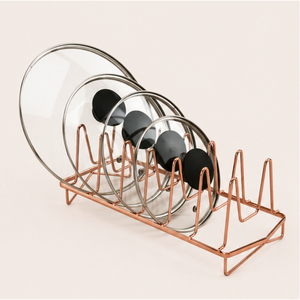 Luxury Copper Pot Lid Organizer 6 Slot Freestanding <b>Kitchen</b> <b>Rack</b> for Countertop Metal Pan Cover & Cutting Board <b>Storage</b> Holder - Product Image 2