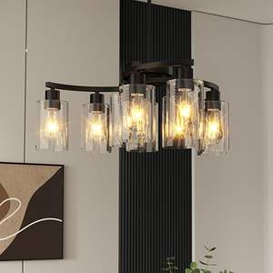 9-<b>Light</b> Modern Farmhouse Pendant Adjustable Black <b>Industrial</b> Hanging <b>Light</b> <b>Fixtures</b> Clear Glass Shade for Dining Room Kitchen - Product Image 3