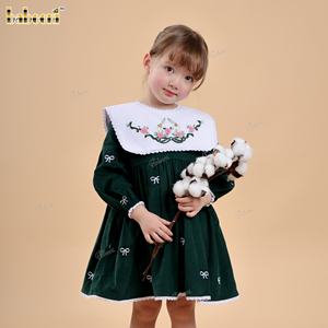 Robe smockée à la main en velours côtelé brodé, coupe trapèze, longueur genou, motif floral, 100 % coton, pour bébés filles - Collection Automne DR4498 - Product Image 5