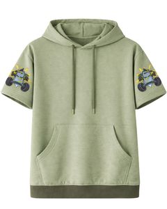 Sweat à capuche vert olive à manches courtes pour homme, pull décontracté, t-shirt à capuche, imprimé graphique, streetwear, mélange de coton, poche kangourou - Product Image 1