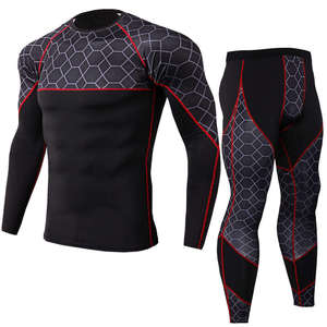 Ensemble de vêtements de sport pour homme, noir et bleu, à motifs géométriques, compression, manches longues, col respirant, évacuation de l'humidité, séchage rapide, pantalon long - Product Image 3