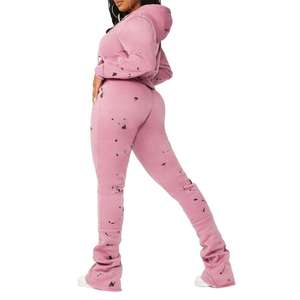 High Quality <b>Polyester</b>/Cotton Tech Fleece Breathable Casual Hooded Women's Tracksuit Plain Crop Pullover Ladies 2-Piece - Product Image 5