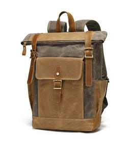 Grey Khaki Waxed Canvas <b>Backpack</b> Genuine Leather Straps Vintage Travel Daypack - Product Image 2
