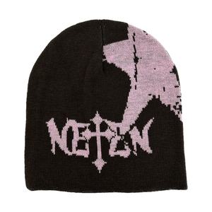 NEPEN Jacquard Knit Beanie Hat Unisex Punk Style Letter Pattern 100% Polyester Flock Print Adjustable <b>Winter</b> <b>Cap</b> for Adults - Product Image 3