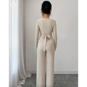 Ensemble coordonné Adalyn : Haut côtelé croisé à col en V et pantalon large taille haute - Product Image 3