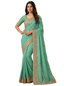 RN <b>Green</b> <b>Silk</b> Saree with Gold Zari and Pink Embroidery for Women Indian Wedding Party Wear Vintage Style Quick Dry - Product Image 2