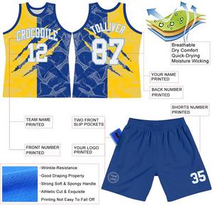 Maillot de basket-ball personnalisé à motif graffiti blanc, jaune royal, bleu clair, col ras du cou, sublimation, maille polyester/coton, pour équipe - Product Image 2