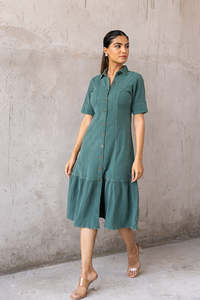 EMERALD COTTON DENIM MAXI <b>DRESS</b> Green Cotton Shirt Midi <b>Dress</b> With <b>Ruffle</b> Hem Turn-down Collar Short Sleeve Casual Daily Wear - Product Image 3