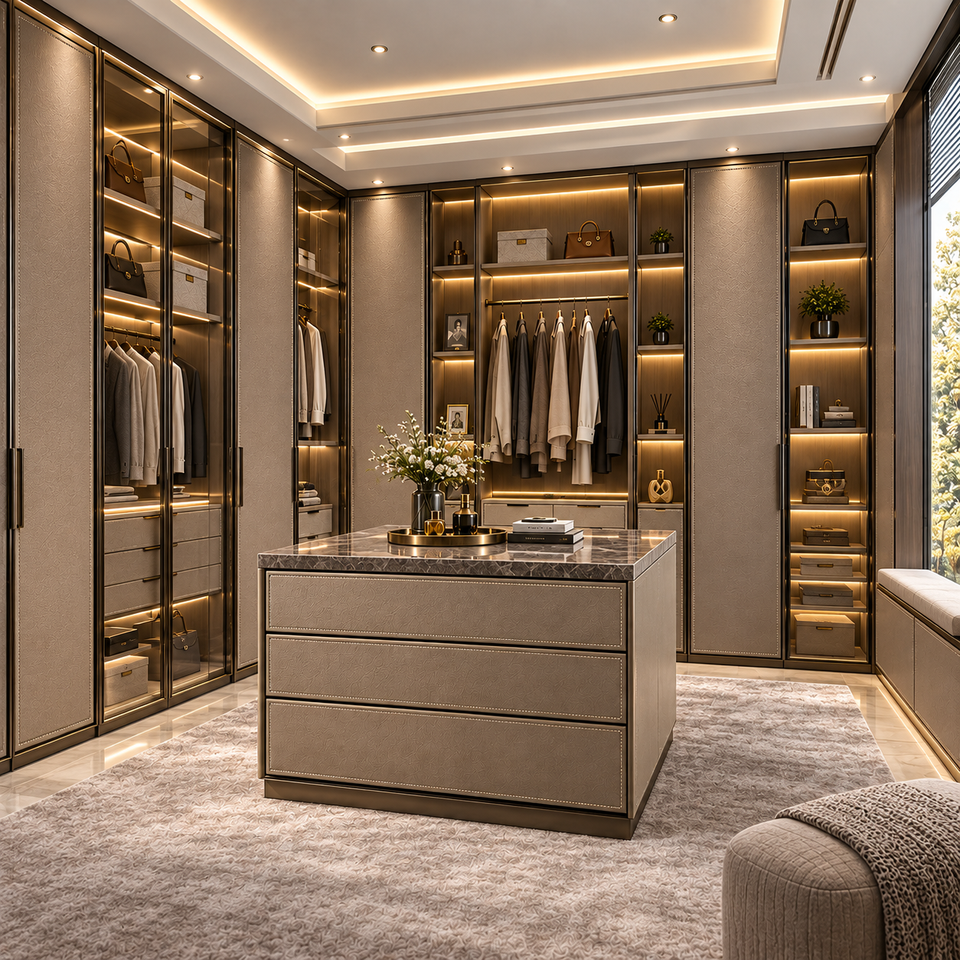 Refined Luxury Walk in Closet Leather Wrapped Wardrobe System Drawing ...
